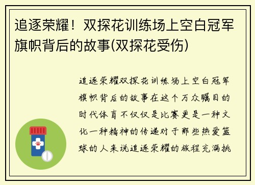 追逐荣耀!双探花训练场上空白冠军旗帜背后的故事(双探花受伤)