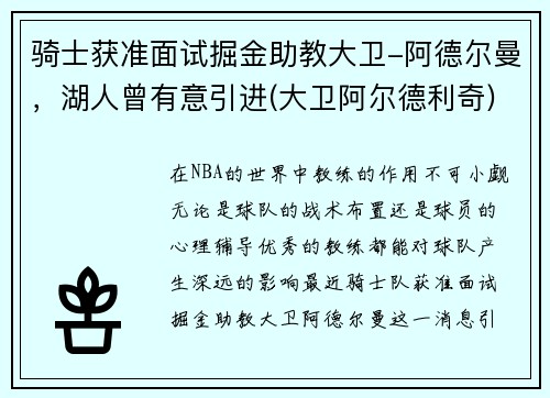 骑士获准面试掘金助教大卫-阿德尔曼,湖人曾有意引进(大卫阿尔德利奇)