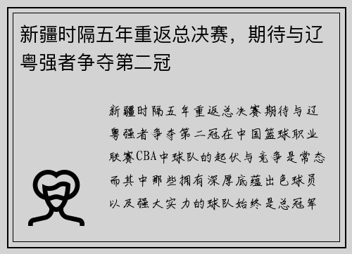 新疆时隔五年重返总决赛,期待与辽粤强者争夺第二冠
