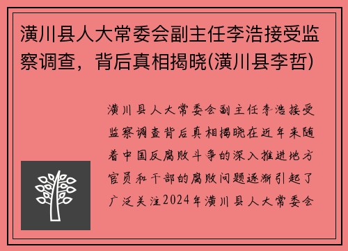 潢川县人大常委会副主任李浩接受监察调查,背后真相揭晓(潢川县李哲)