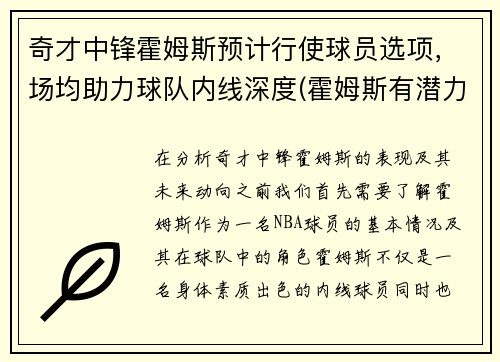 奇才中锋霍姆斯预计行使球员选项,场均助力球队内线深度(霍姆斯有潜力么)