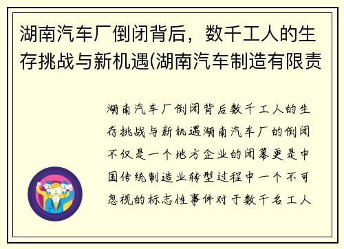 湖南汽车厂倒闭背后,数千工人的生存挑战与新机遇(湖南汽车制造有限责任公司)