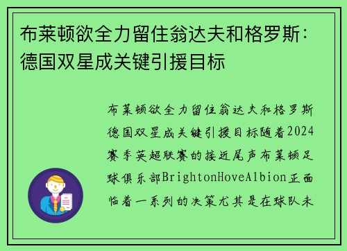 布莱顿欲全力留住翁达夫和格罗斯：德国双星成关键引援目标