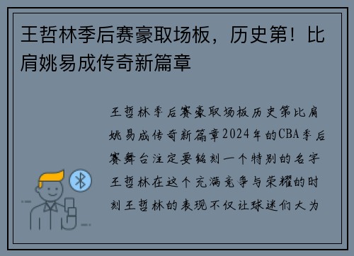 王哲林季后赛豪取场板,历史第!比肩姚易成传奇新篇章