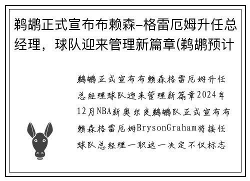 鹈鹕正式宣布布赖森-格雷厄姆升任总经理，球队迎来管理新篇章(鹈鹕预计不会送走球哥 雷迪克和布莱索仍可能被交易)