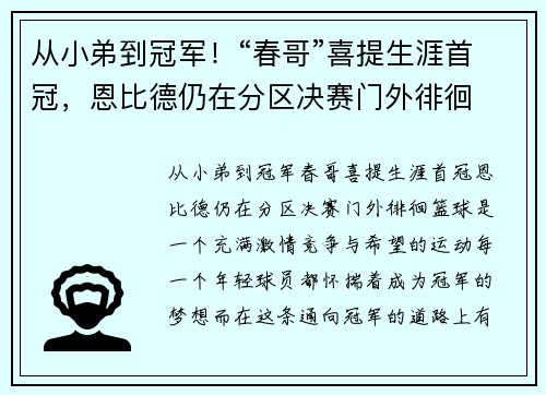 从小弟到冠军！“春哥”喜提生涯首冠，恩比德仍在分区决赛门外徘徊