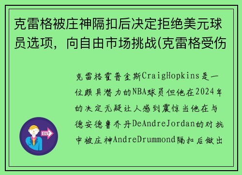 克雷格被庄神隔扣后决定拒绝美元球员选项，向自由市场挑战(克雷格受伤)