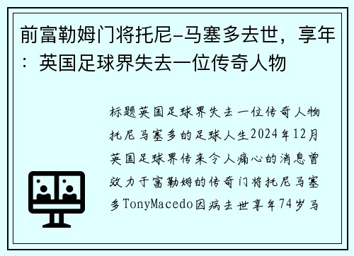 前富勒姆门将托尼-马塞多去世，享年：英国足球界失去一位传奇人物